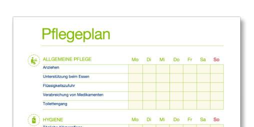 Foto der Vorlage des TENA Pflegeplans Foto der Vorlage des TENA Pflegeplans